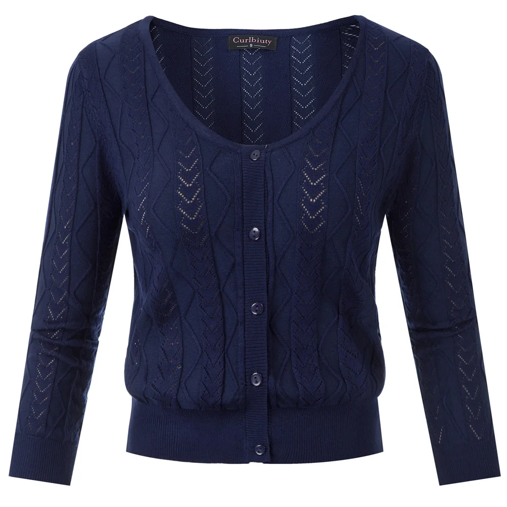 

Navy Blue Women Cropped Knitwear Knitted Coat 3/4 Sleeve U-Neck Button Placket casual soft hollow out sweater ladies fall tops