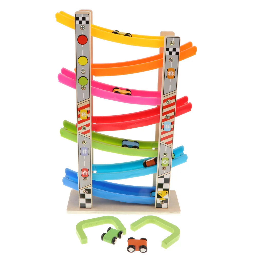 Wooden Car Ramp Race Track Vehicle Playsets with 7 Cars, 7-Layer Track Construction, Kids Toddlers Racer Game Educational Toy