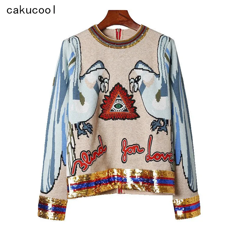Cakucool Beading Knit Tops Women Long Sleeve O-neck Sequined Sweaters Runway Design Embroid Jumper Sweater Pullovers Female | Женская