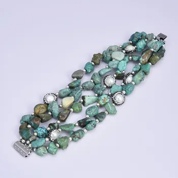 

GG Jewelry 8.5'' 3 Strands Natural Turquoise White Pearl Bracelet