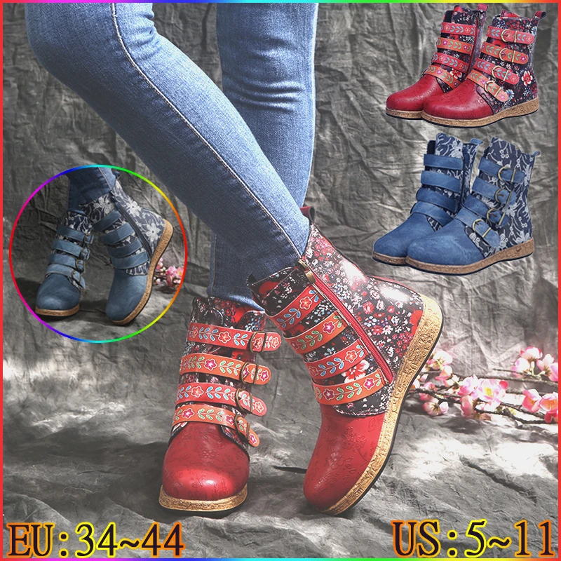 Boots Female Women Shoes Ankle Martin Boots Autumn Winter PU Patchwork Plus Size Women Boots Zipper Buckle Printed Ankle Boots