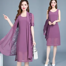 Костюмы с платьем для матери невесты, длинный пиджак, винтажное кружевное шифоновое свадебное платье для мамы, комплект из 2 предметов, свадебная одежда для гостей размера плюс