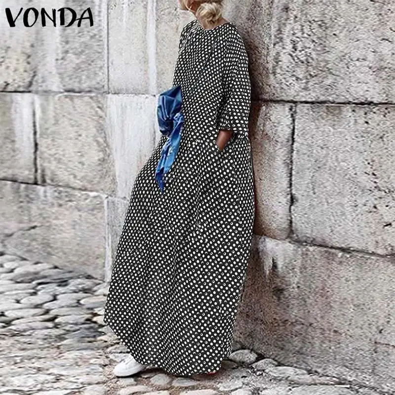 VONDA, сексуальное длинное платье с расклешенными рукавами, женское Повседневное платье с круглым вырезом и принтом в горошек, длинное платье в богемном стиле для беременных, Vestidos Femme Robe 5XL