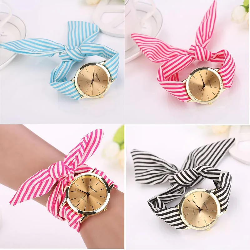 

Fashion casual unisex watch striped cloth with retro design band simulation alloy quartz gift bracelet watch reloj mujer