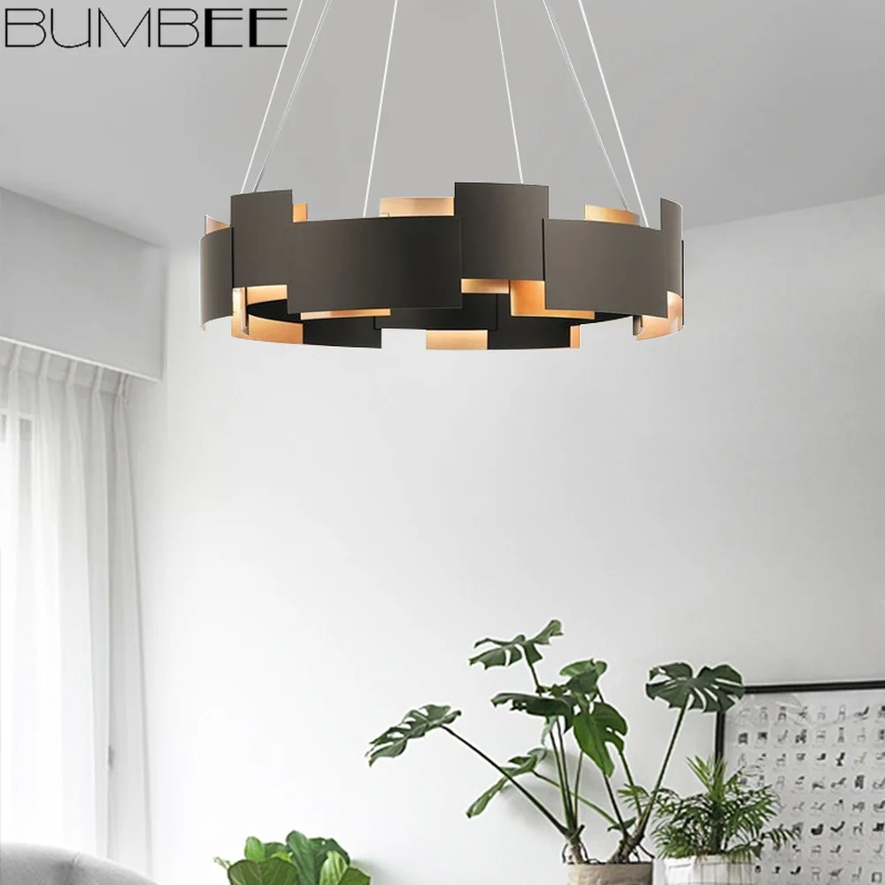 

Designer Ferrous Metal Chandelier Geometric Rectangle Bar Hanging Light Simple Model Room Living Room Gold Art Decor Chandelier