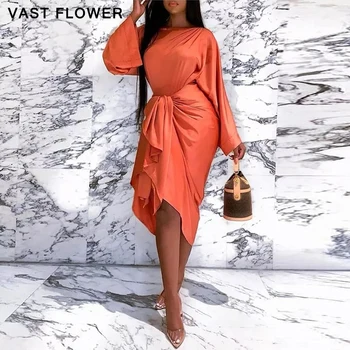 

Plus size women bandage midi dress orange pleated beach long sleeve spring 2020 loose sexy elegant party night ladies dresses