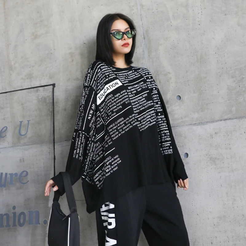 [EAM] Women black letter printed big size T-shirt New Round Neck Long batwing  Sleeve Fashion Tide  Spring Autumn 2020 1DA105