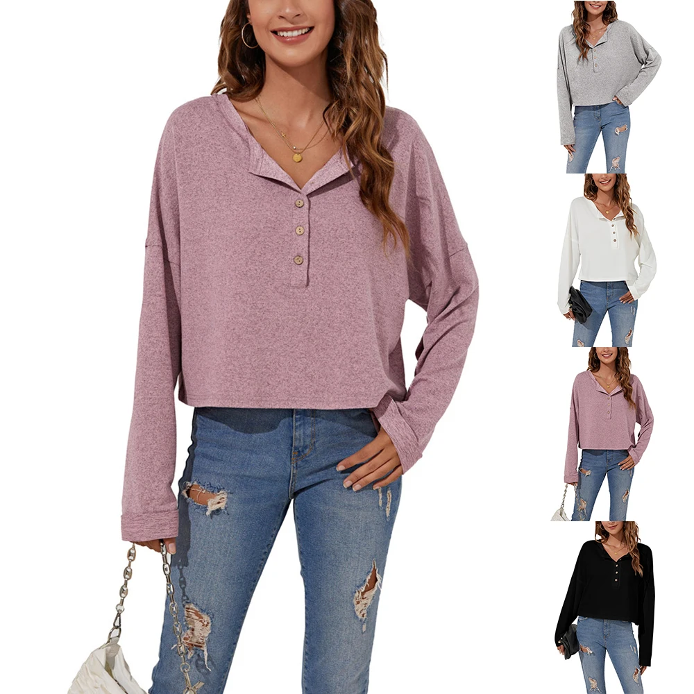 Womens Fashion T-shirts Plain Lapel Short T-shirt Casual Solid Buttons Autumn White Holiday Loose Long Sleeve Comfy Tops | Женская