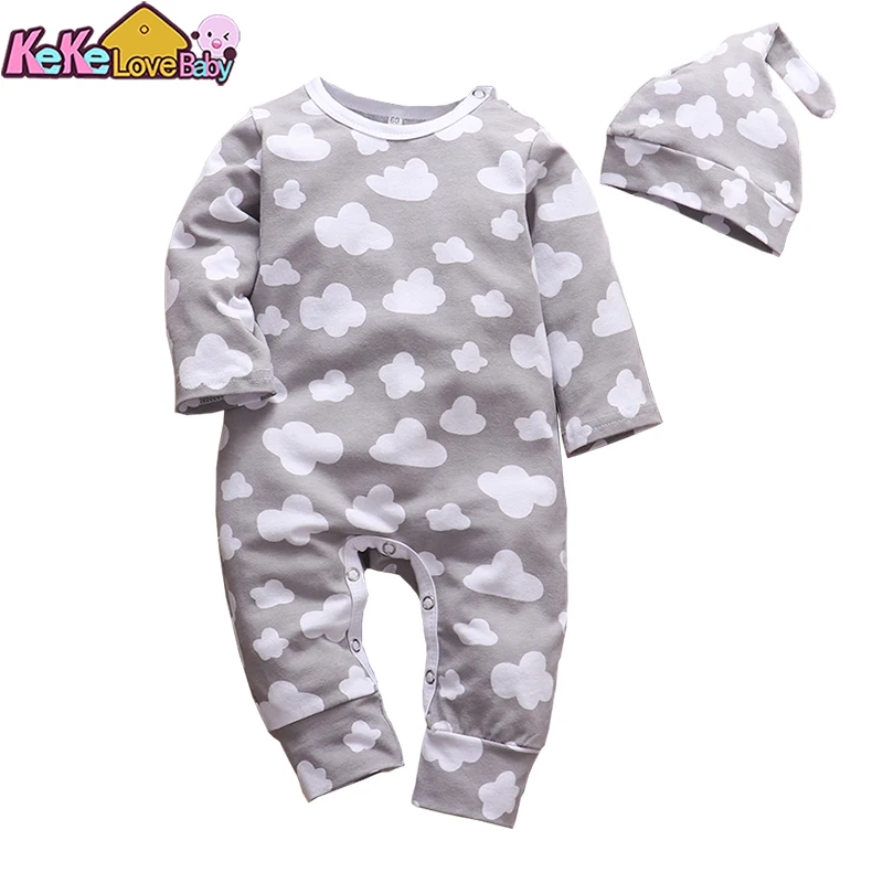 Newborn Baby Boys Romper Infant Clothes Gray Clouds Print Long Sleeve Jumpsuit And Hat Toddler