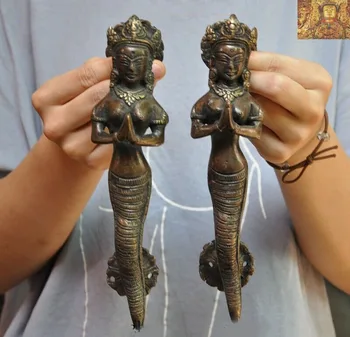 

wedding decoration 8"Tibetan pure Bronze snake tara Goddess statue Cabinet Pulls Door Handles pair