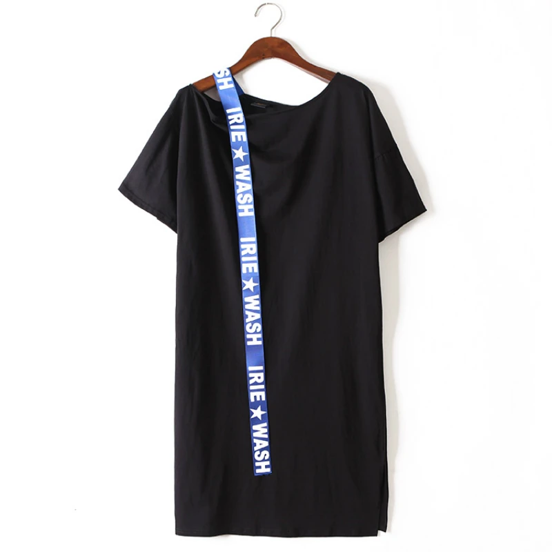 

Oversize Tshirt Dress Women Summer 2020 Long Loose Casual Sport Tees Ribbons Decorate Off Shoulder Side Split Black White