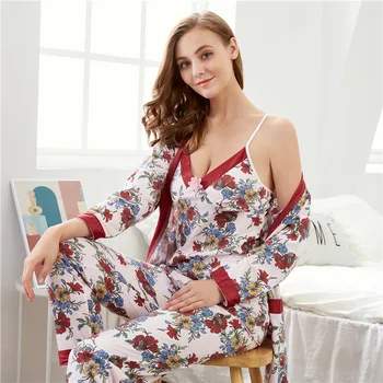 

Caiyier 2020 Cotton Pajamas Set Red Flower Print Autumn Nightgown Sexy Floral Sling Top+ Long Robes 3pcs Sleepwear Bride Wedding