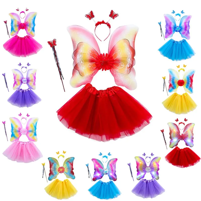 4Pcs Girls Fairy Cosplay Costume Set Tulle Tutu Skirt Double Layer Butterfly LED Wings Wand Headband Princess Stage Dress Up