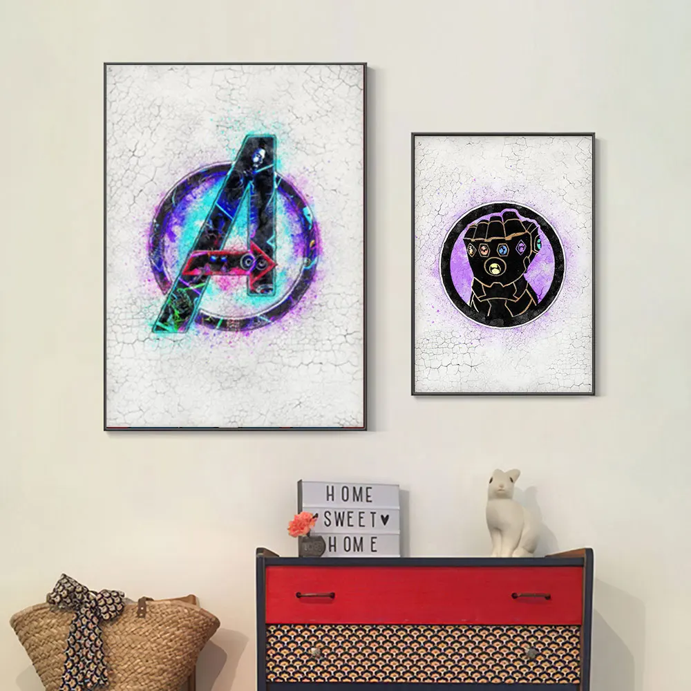 

Printings The Avengers Logo Watercolor Canvas Painting Marvel Iron Man Poster For Living Room Home Cuadros Decoration Frameless