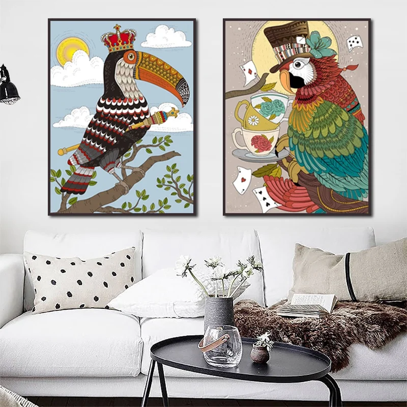 

Cartoon Animal Hand Painted Comics Canvas Painting Colourful Parrot Frog Goldfish Poster and Print Room Homr Decoration