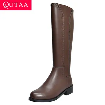 

QUTAA Knee High Boots New Autumn Winter Zipper PU+Leather Round Toe Black Western Style Square High Heel Women Shoes Size 34-39