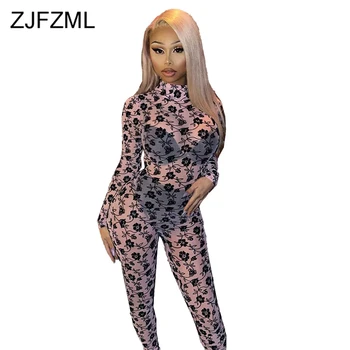 

Floral Print Sexy Perspective Mesh Bodysuit Women Turtlenecks Bandage Jumpsuits 2020 Spring Long Sleeve Skinny One Piece Rompers