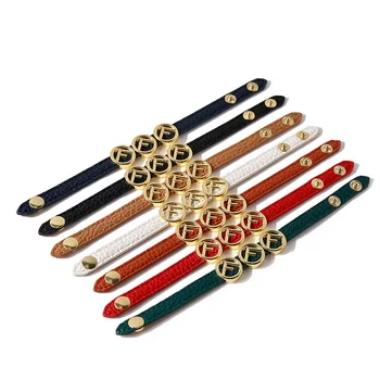 

56 hot selling Pu bracelet with litchi single ring F letter alloy snap button