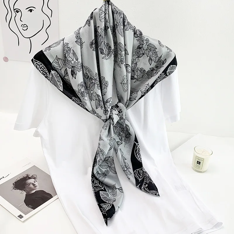 New-Ins-Style-Fresh-Literary-Simulation-Silk-Scarf-Women-Simple-and-Fashionable-Plant-Flower-Print-Decorative.jpg Új Ins Stílusú Friss Irodalmi Szimuláció Selyem Sál Nők Egyszerű És Divatos Növényi Virágnyomtatott Dekoratív Négyzet - Image 2