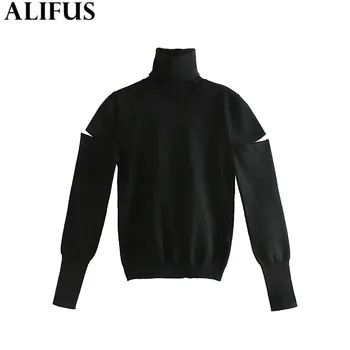 

Fashion Za Women Sweaters 2019 Winter Woman Turtleneck Sweater Solid Opening Design Long Sleeve Knit Pullovers Jumper Ladies Top