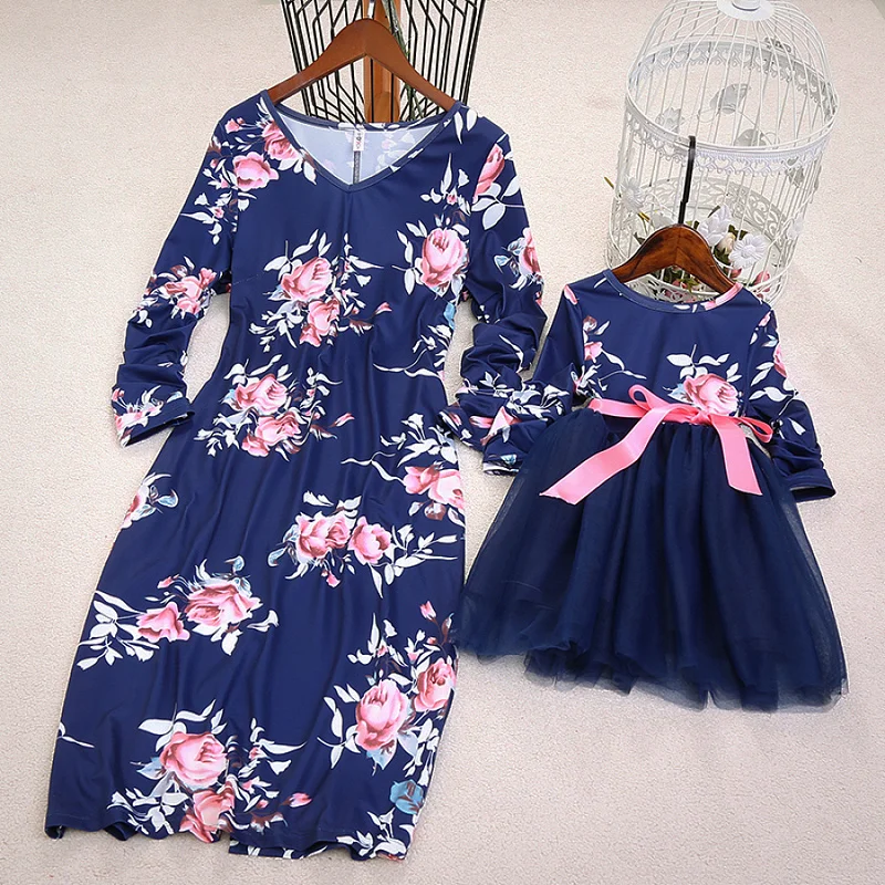 Family Clothes Mommy and Daughter Matching Clothes Women Girl's Dress Matching Outfits Autumn Floral Print Dresses Seven Sleeve