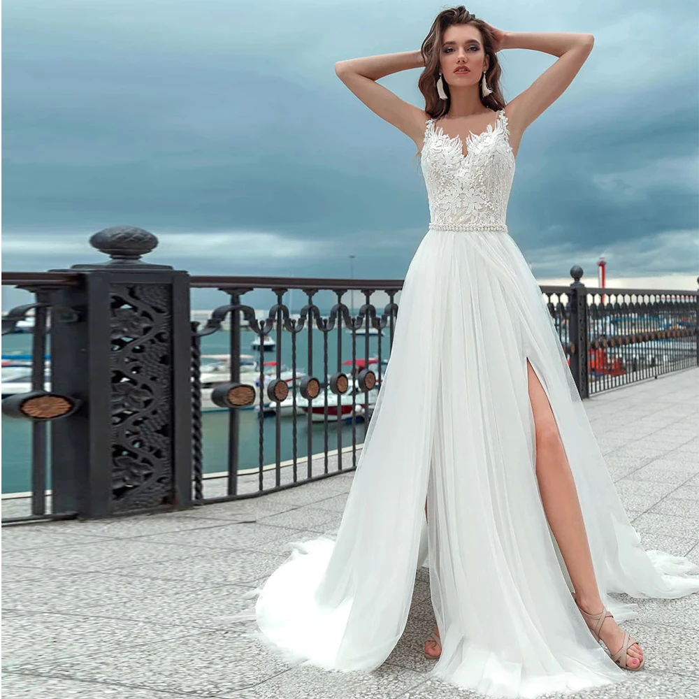 

Женское кружевное платье с жемчугом, элегантное пляжное ТРАПЕЦИЕВИДНОЕ ПЛАТЬЕ ИЗ ТЮЛЯ С V-образным вырезом, разрезом, аппликацией и пуговиц...