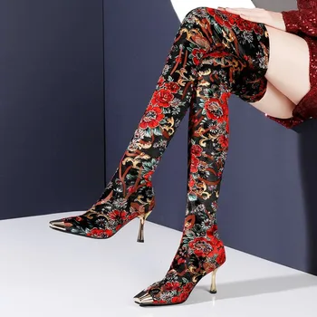 

OLOMLB Womens Floral Printed Socks Stretchy Over The Knee Boots Square Metal Toe Stilettos High Heel Shoes Real Leather Plus Sz