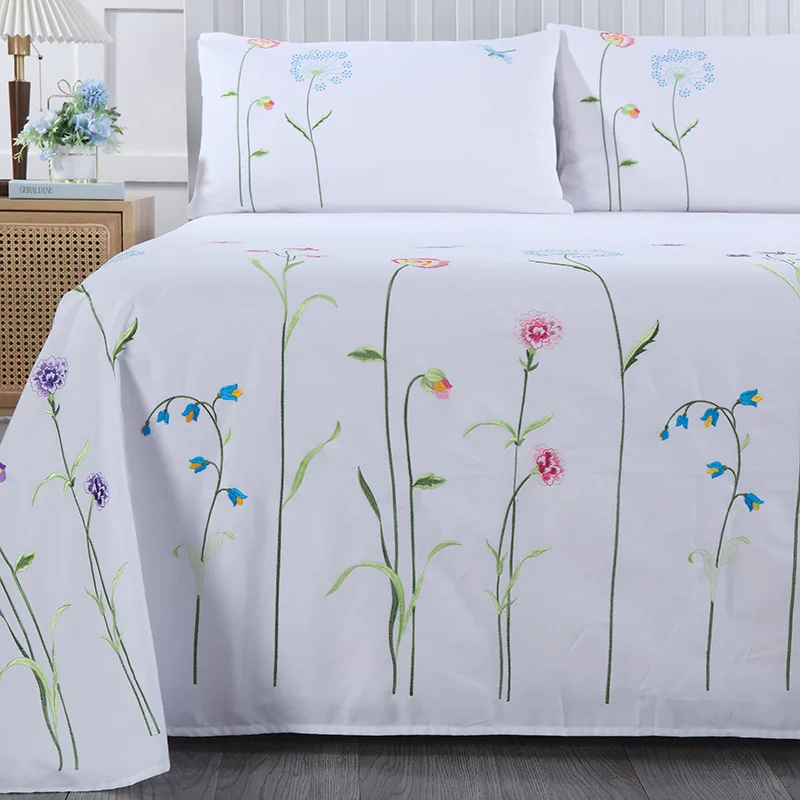 WhiteembroideryBotanicalFlowersPatternflatSheetSetLuxurysoft