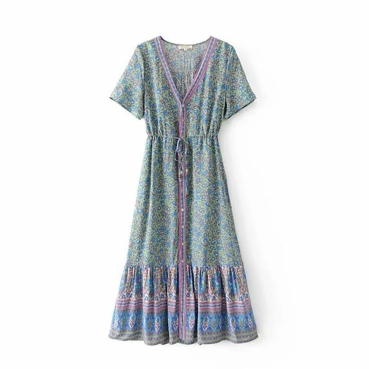

Western Style Early Spring New Style WOMEN'S Dress Versatile Slimming Positioning Printed Front Buckle Flounced Short-sleeved Lo
