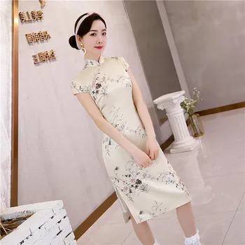 

Short Sleeve Chinese Style Cheongsam Female Satin Plus Size 3XL 4XL High Split Qipao Elegant Print Flower Evening Party Dress