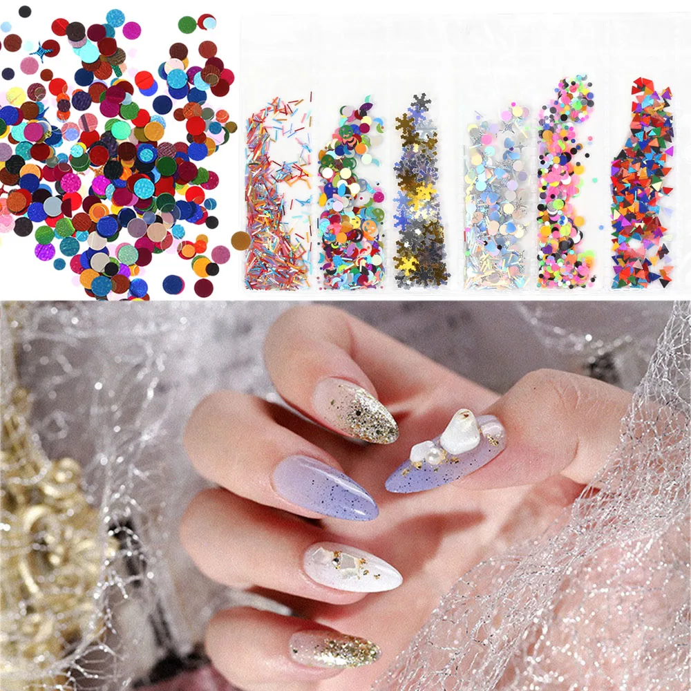 6 Сетка/мешок смешанный порошок с блестками для ногтей красочные хлопья для ногтей стикер 3D DIY Слайдеры для ногтей Пыль для украшения дизайна ногтей