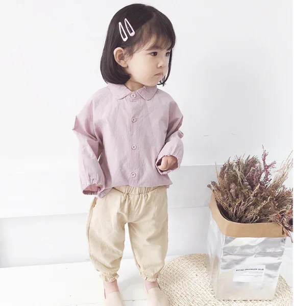 Милые однотонные рубашки с длинными рукавами в Корейском стиле для девочек Повседневная рубашка 2 цветов для детей 2-6 лет