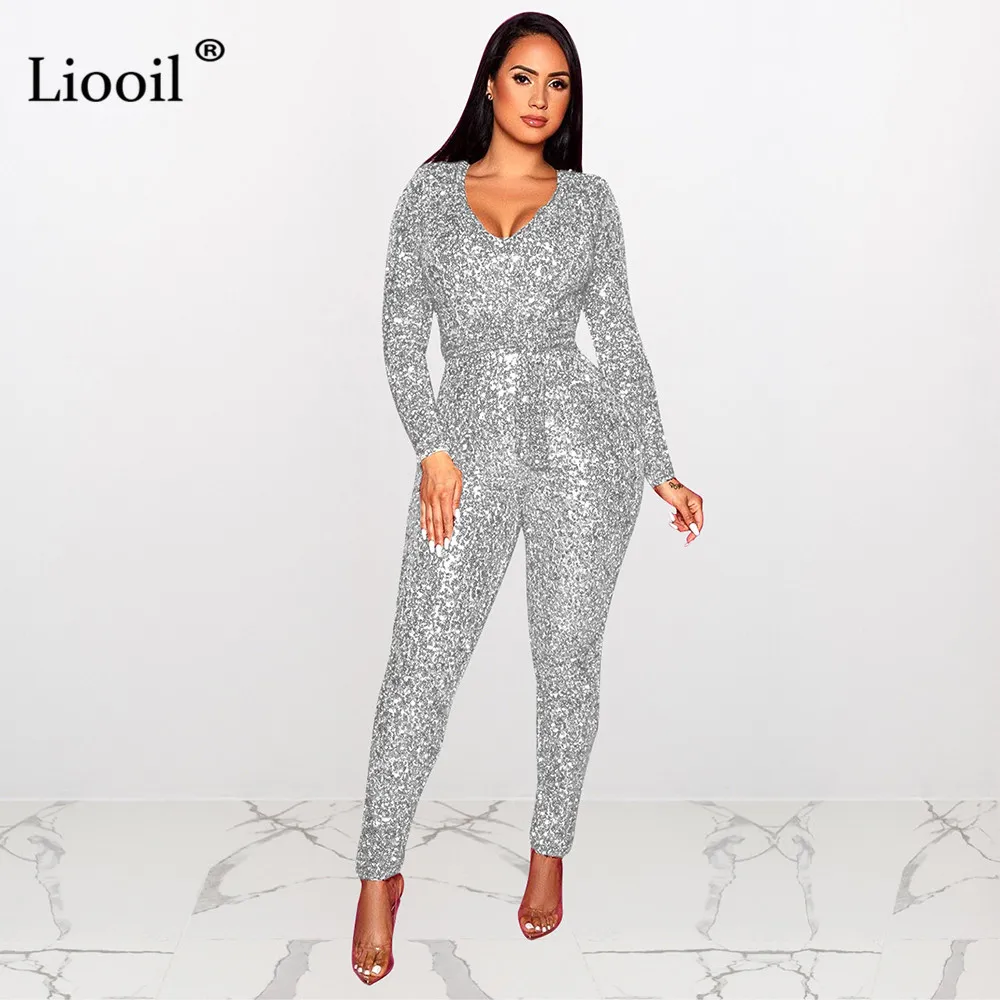 Серебристый Liooil Gold Silver Sequin Sexy Tight Jumpsuits For Women Long Sleeve V Neck Belt Tight Party Club Rompers Bodycon Jumpsuit - Цвет: Серебристый