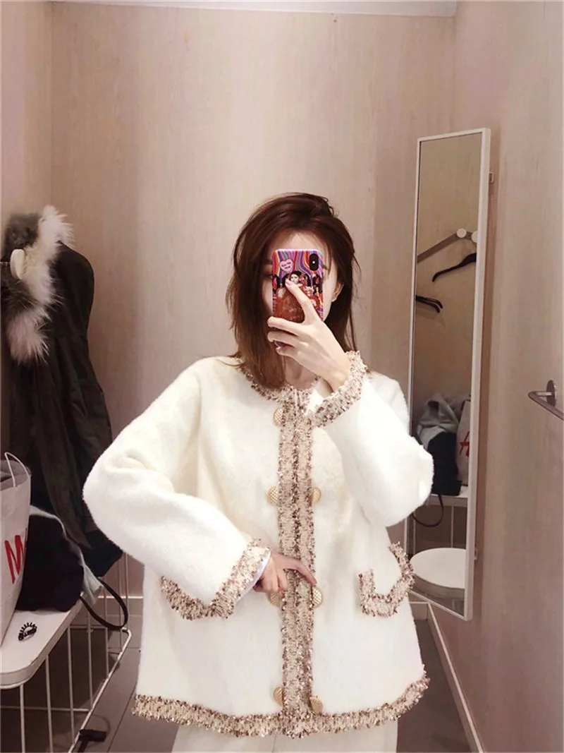 Вязаный свитер из искусственного меха норки Элегантный женский осенне-зимний вязаный кардиган корейский стиль женский свободный свитер casaco feminino
