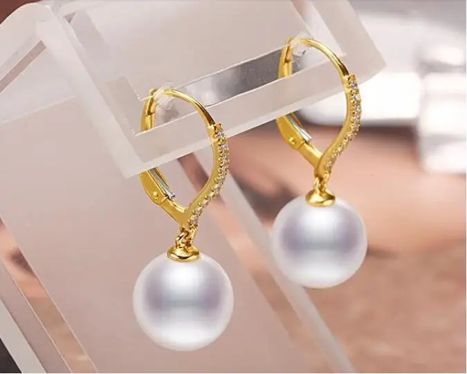 Великолепные AAA9-10mm круглые белые жемчужные висячие серьги 18k с бриллиантами