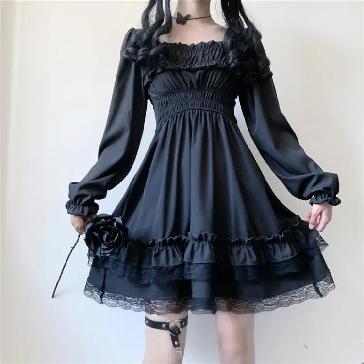 Japanese Lolita Style Women Princess Black Mini Dress Slash Neck High Waist Gothic Dress Puff Sleeve Lace Ruffles Party Dresses satin dress