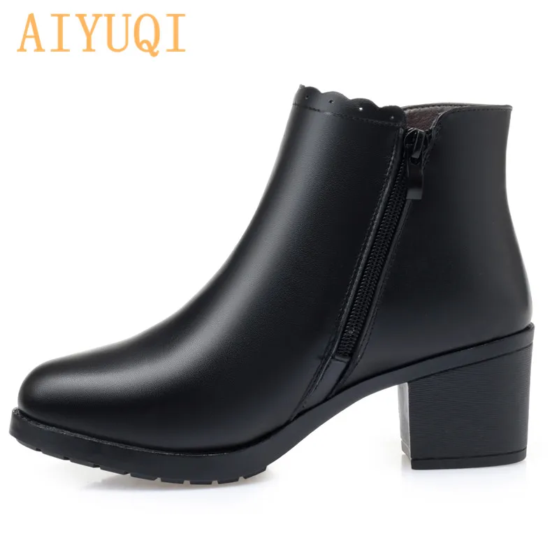 AIYUQI/новые зимние шерстяные женские ботинки из натуральной кожи; женские ботильоны; теплые женские зимние ботинки на высоком каблуке; большие размеры 41, 42, 43