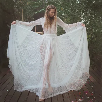 

Summer Beach Dress For Women 2019 Bath Suits Bathing Suit Cover Up Swimming Transparent Lace Horn Posed Sexy Long Sleeve Neck
