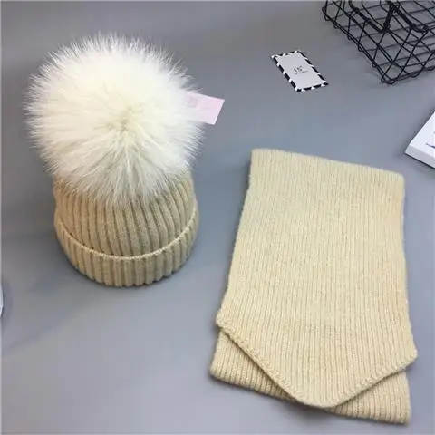BEIGE Set Fox Ball Милые Детские Девочки помпон зимние наборы шарф шапка натуральный шарик из меха лисы мать дети теплые вязаные шапки бини родитель-Детские шапочки - Цвет: BEIGE Set Fox Ball