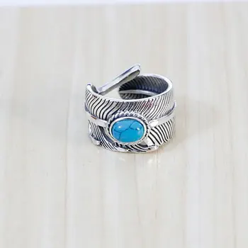 

Retro Gorgeous Mosaic Natural Blue Turquoise Feathers Open-ended Ring Index Finger Fashion Men's Ring Female