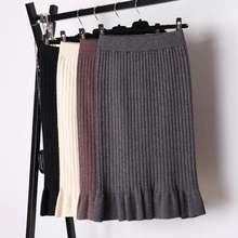 Women long sweater skirt Winter female ruffle midi pleated skirts knitted high waist warm elegant Saias Jupe Femme
