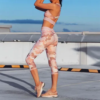 

Camouflage Fitness Two Piece Set Women Solid Patchwork Pants Suit Female Round Neck Sleeveless High Waist Women Suit