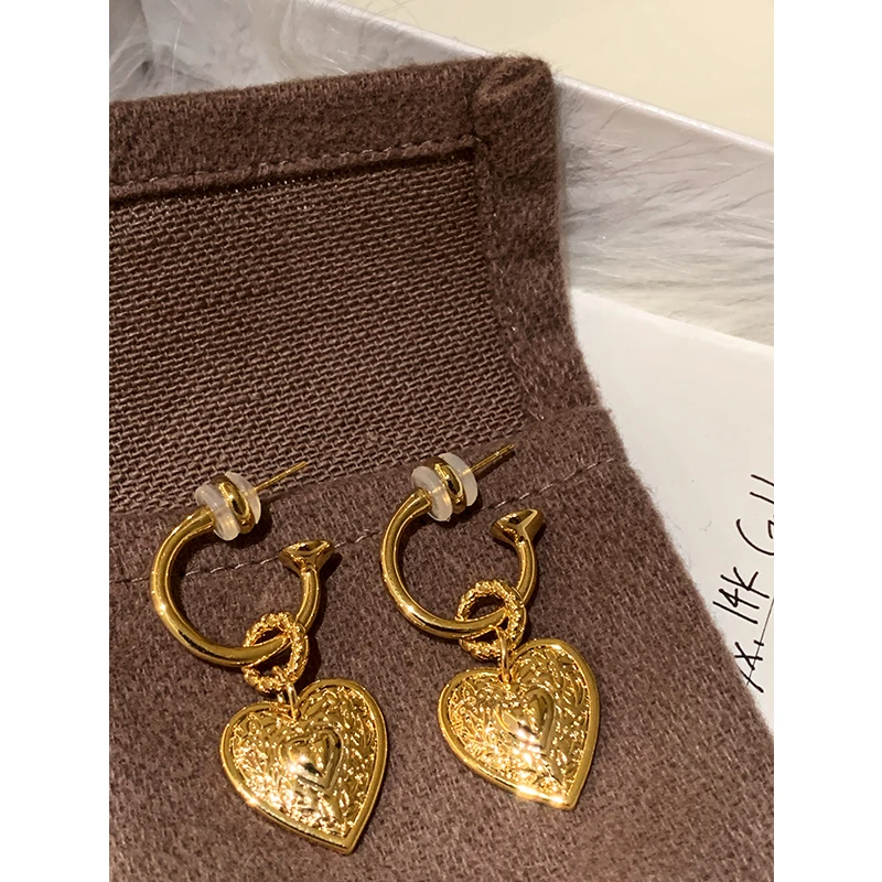 Латунь с золотом 18K Резные Сердце висячие серьги женские ювелирные изделия в стиле панк Вечерние платье