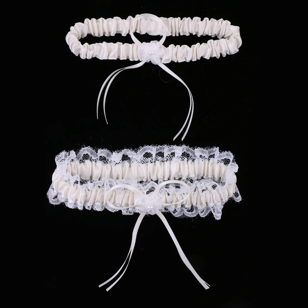 2Pcs Rustic Bridal Wedding Garter Floral Stretch Bridal Lace Satin Bowknot Thigh Ring Soft Socks Hen Party Lace Pearls Garter