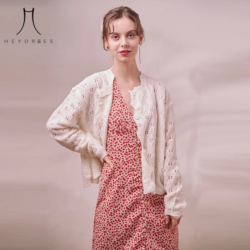 Heydress Women Autumn Long Sleeve Cardigans Vintage Knitted Female Loose Embroidery Sweaters Casual Street Open Stitch Outwears