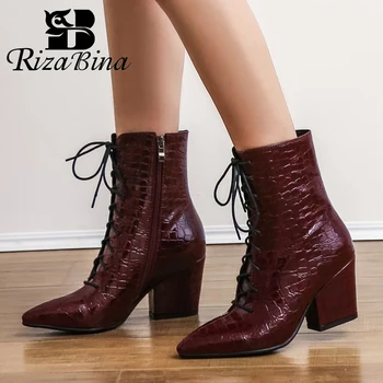 

RIZABINA Ankle Boots Women 2020 Casual Lace Up Pointed Toe High Heels Women Shoes Winter Warm Fur Short Western Boots Size 34-43