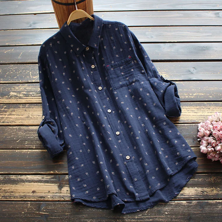 8417 New Autumn Women Blouse Japan Style Literary Print Turndown Collar Double Layer Cotton Shirt Tops Women 4