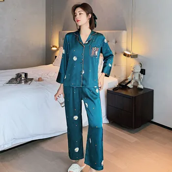 

Sexy Butterfly Daisy Printed Black Pajama Set Women Autumn Long Sleeve Silk Pyjamas Soft Sleepwear Casual Homewear 2Pcs Pijama