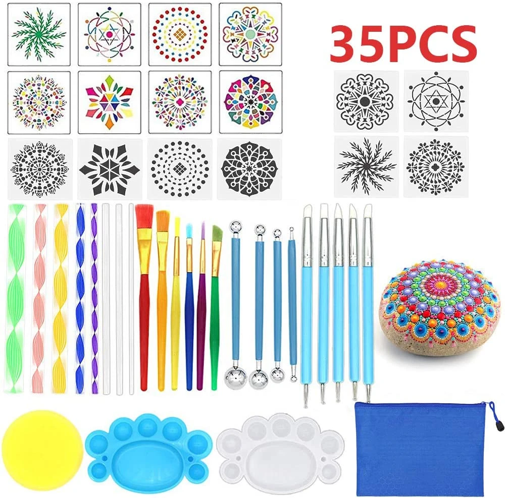 35 Pcs Mandala Dotting Tools Stencil Ball Stylus Brushes Paint Tray For  Painting Rocks Coloring Drawing And Drafting - Art Sets - AliExpress