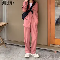 SuperAen/повседневные Модные женские комплекты, осень, новинка 2019, Одноцветный костюм, куртки, женские однотонные длинные штаны, 2 предмета